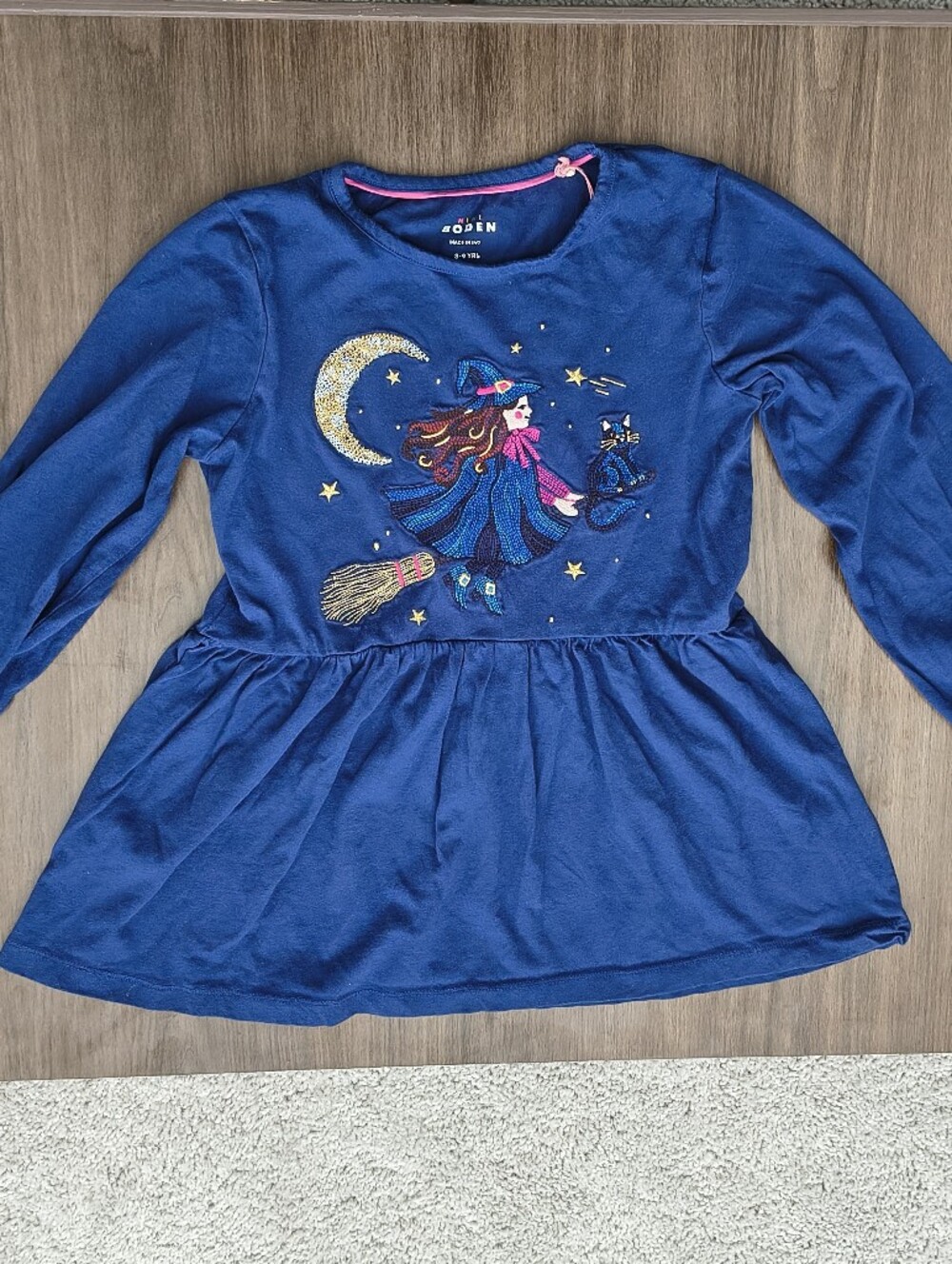 Mini Boden Girls' Blue Witch Embroidered Top with Pink Trim